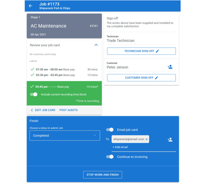 Example of a digital job sheet